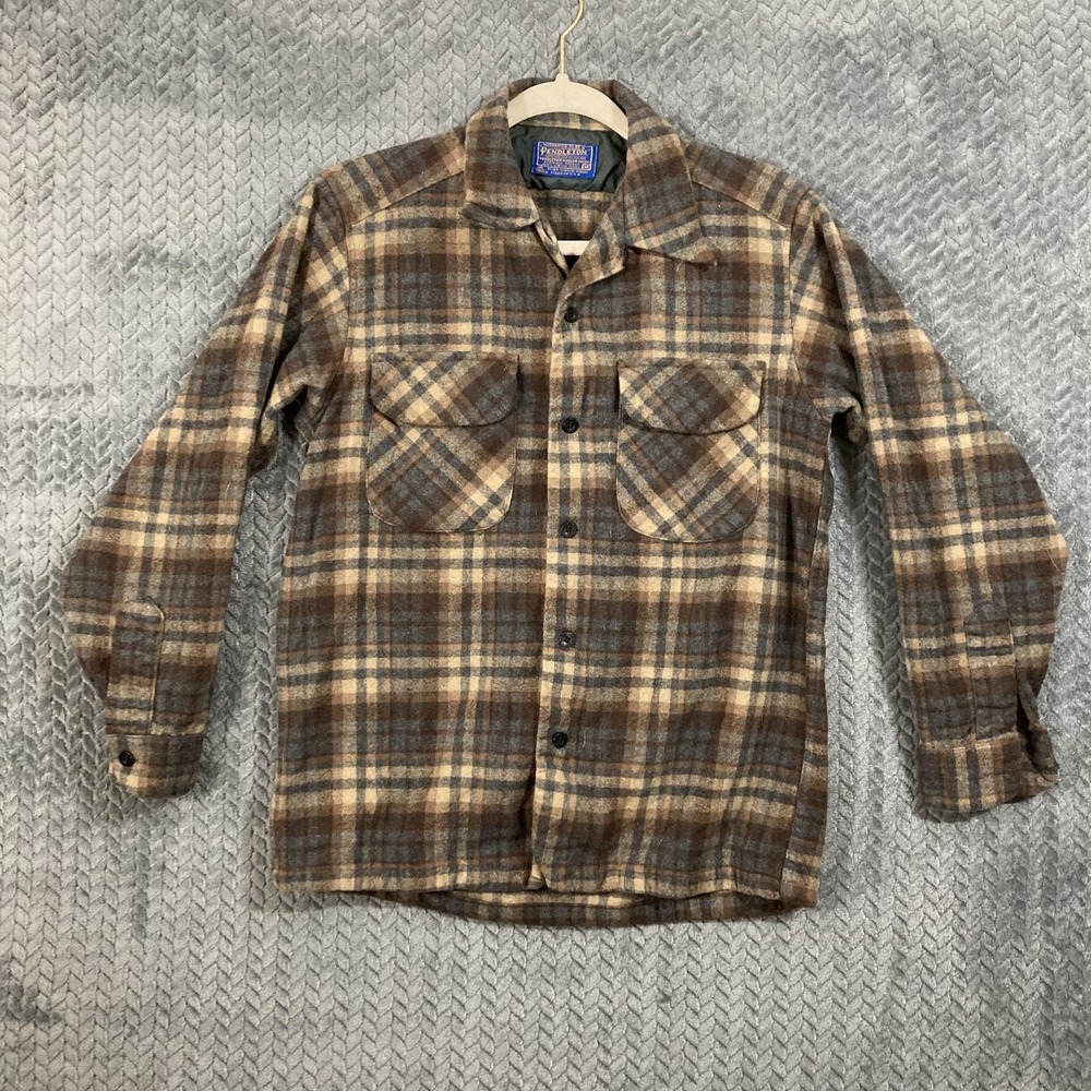 Vintage Pendleton Virgin Wool Flannel Shirt Men's M Brown Plaid Loop Collar USA